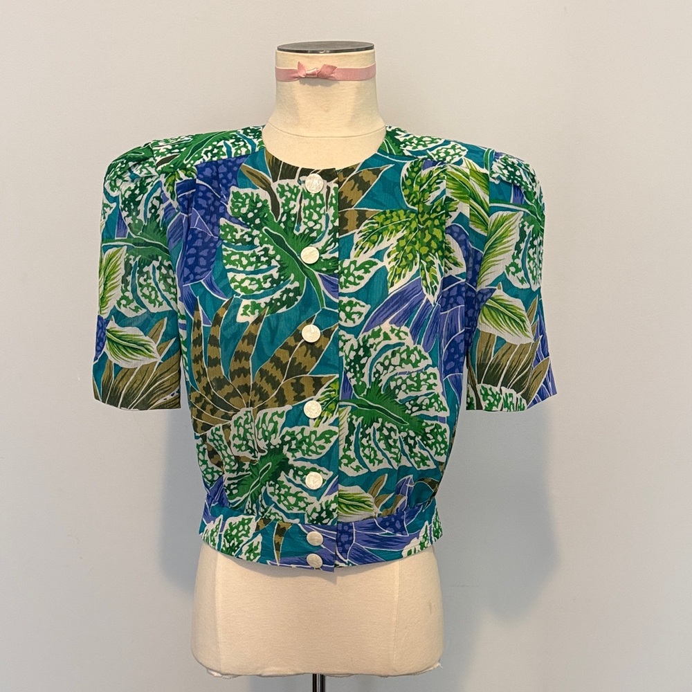 Leslie Fay Green and Blue Leaf Print Blouse